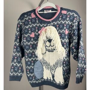 VTG 80s Pastel Knit Dog 3D Heartworks Sweater Kawaii Fairy Kei Kids L 12 USA